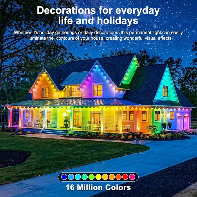LITSOUL 150FT Permanent Outdoor Lights for House Waterproof, Smart RGB Eave LED Lighting with 16 Million Colors, IP67 Outdoor Strip Lights for Christmas Halloween Holiday Daily Decorations (45m/150FT)