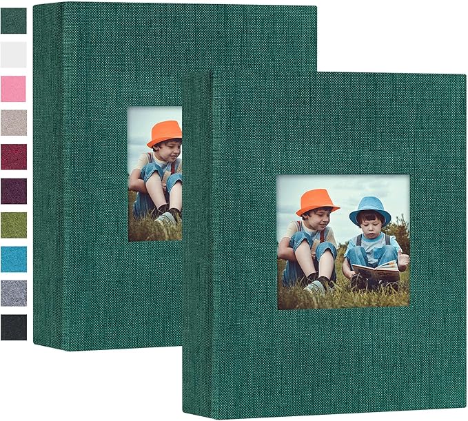 Mublalbum 2 Pack Small 4x6 Photo Album Linen Cover with Display Window Mini Picture Book Each Holds 52 Vertical Pockets for Artwork Postcards or Pictures Storage (Dark Green)