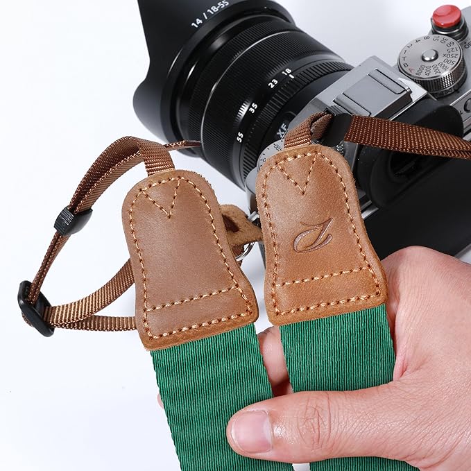 Padwa Lifestyle Green Camera Strap - Double Layer Crazy Horse Cowhide End,1.5" Wide Pure Cotton Woven Camera Straps,Adjustable Neck Shoulder Strap for All DSLR Cameras,Gift for Photographers
