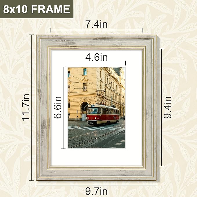 Vittanly 8x10 Picture Frame Set of 4, Vintage Photo Frame for Wall or Tabletop, Display 5x7 Pictures with Mat or 8x10 without Mat, Rustic Farmhouse Home Decor, Distressed White