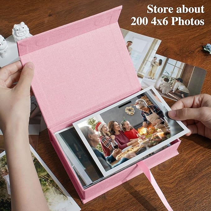 Hiwhy Photo Storage Box 4x6, Linen Photo Box, Memory Box Perfect to Store Your Photo, Pictures, Certificates, Scrapbooking Supplies, Keepsakes and Jewelry Pink