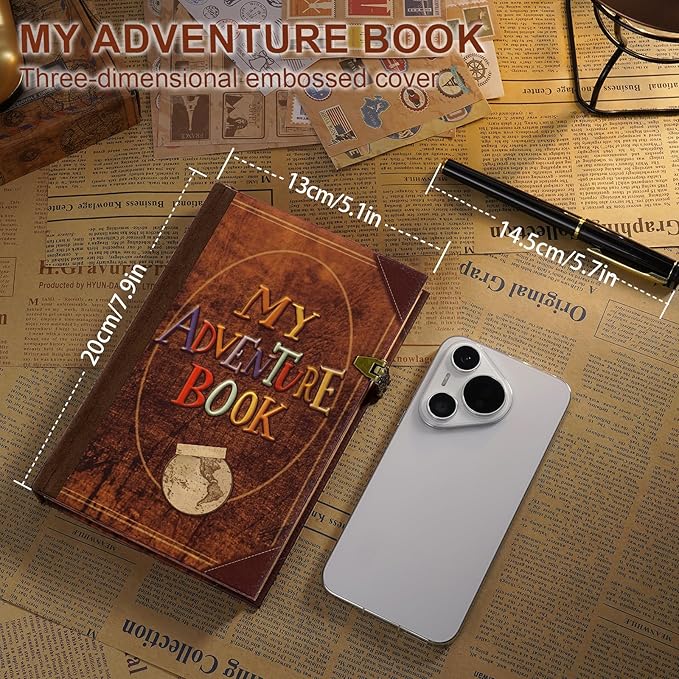 My Adventure Book Journal Scrapbook Album 164 Pages Retro Cowhide Cover Journal Travel Diary,3D Design DIY Handmade Travel Scrapbook Diary for Couples,Anniversary,Wedding,Valentines Day Gifts