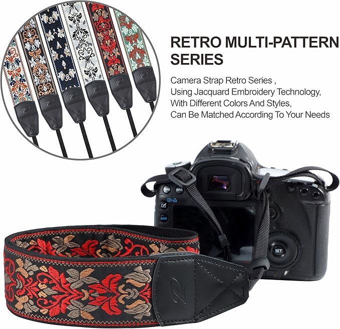 Padwa Lifestyle Camera Strap - 2" Wide Red Vintage Jacquard Embroidery Flower Camera Straps with Genuine Leather Head, Adjustable Neck Shoulder Strap for All Cameras and Men & Women Photographers
