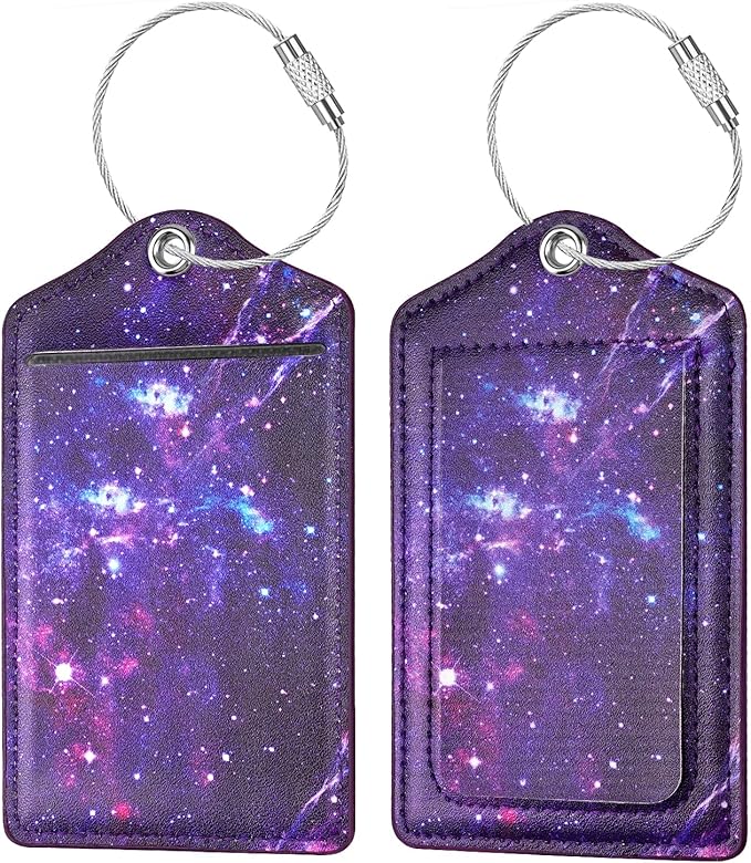 (Set of 2) Luggage Tag Leather Privacy Cover ID Label Address Card with Stainless Steel Loop, Travel Bag Tags Suitcase Labels, Nebula