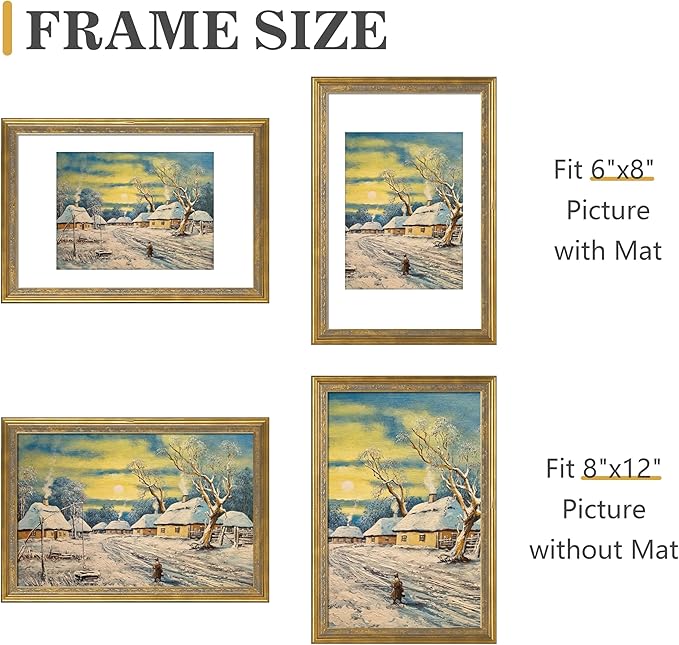 VIOLABBEY 8x12 Matte Gold Picture Frame, Display 6x8 Photo with Mat or 8x12 without Mat, Ornate Vintage 8 x 12 Matte Gold Frame for Wall Decor or Tabletop Display