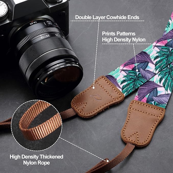 Padwa Lifestyle Camera Strap - 1.5" Soft Nylon Print Crazy Horse Cowhide Head Camera Straps for Photographers and All Cameras,Cute Adjustable Vintage Woven Strap for Adults & Kids(Green Leaf)