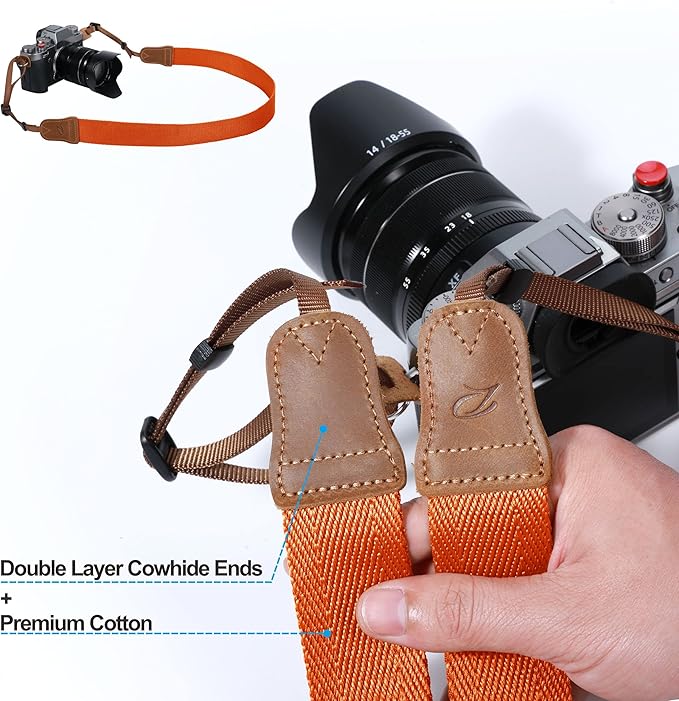Padwa Lifestyle Orange Camera Strap - 1.5" Double Layer Crazy Horse Cowhide Ends Camera Straps for Photographers,Universal Adjustable Pure Cotton Woven Neck Shoulder Strap for Cameras and Binoculars
