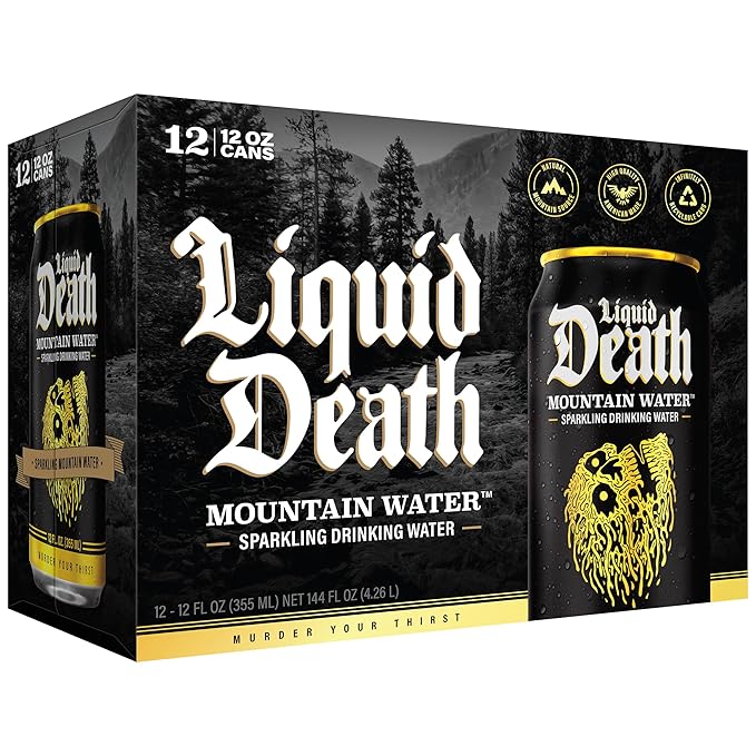Liquid Death Sparkling Mountain Water, Real Mountain Source, Ice-Cold Cans, Infinitely Recyclable, 12 Fl Oz (Pack of 12)