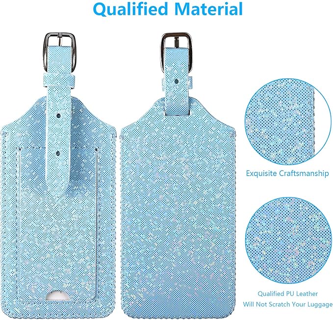 ACdream Luggage Tags 2 Pack, Leather Suitcase Tags Identifiers, Cute Cruise ID Labels with Privacy Cover fits on Backpack, Travel Bag, for Women, Men, Adults, Kids, Sky Blue Glitter