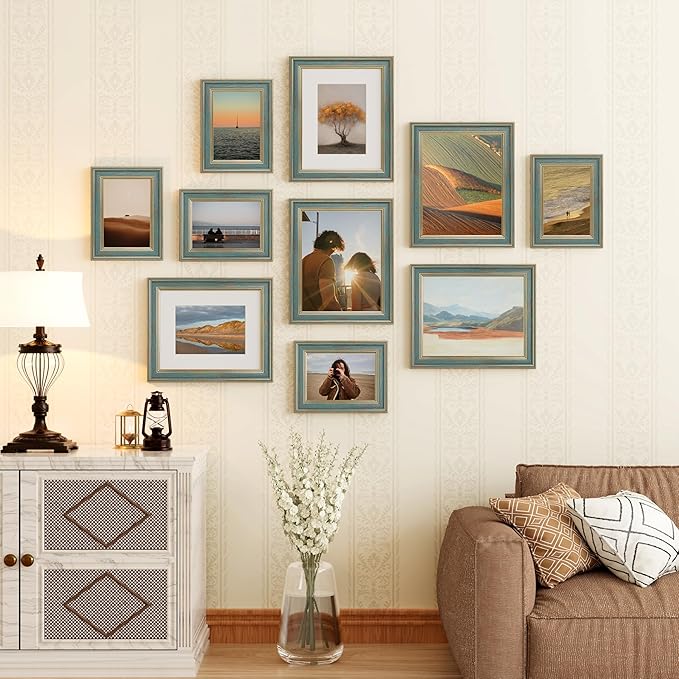Vittanly 8x10 Picture Frame Set of 4, Vintage Photo Frame for Wall or Tabletop, Display 5x7 Pictures with Mat or 8x10 without Mat, Rustic Farmhouse Home Decor, Blue