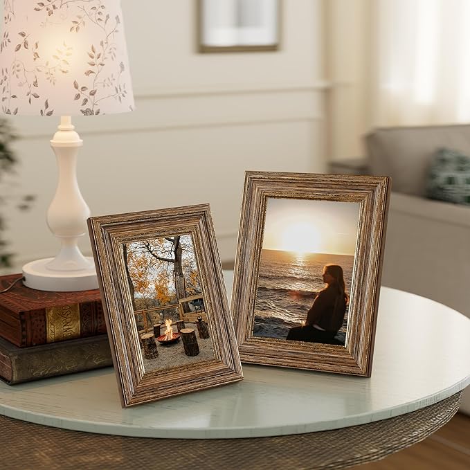 Vittanly 4x6 Picture Frame Set of 4, Vintage Photo Frame for Wall or Tabletop, Display 4x6 Pictures, Rustic Farmhouse Home Decor, Walnut