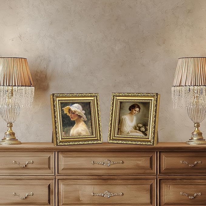 eletecpro 4x4 Picture Frames Set of 4, Ornate Frames with Glass Cover, Vintage Gold Photo Frame Displays 4x4 Photo for Tabletop, Gold