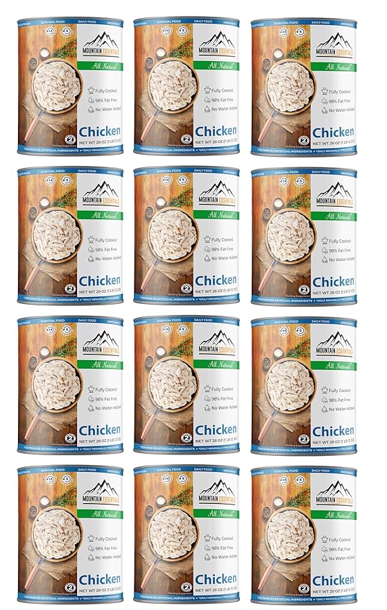 MOUNTAIN ESSENTIALS Fully Cooked Canned Chicken 28 Oz – White Meat for Daily Meals, Camping & Emergency Food – Great for Snack, Lunch, Dinner Recipes – 5-Year Shelf Life – Made in USA – Pack of 12