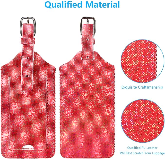 ACdream Luggage Tags 2 Pack, Leather Suitcase Tags Identifiers, Cute Cruise ID Labels with Privacy Cover fits on Backpack, Travel Bag, for Women, Men, Adults, Kids, Red Glitter