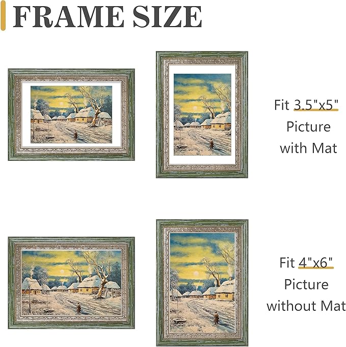 VIOLABBEY 4x6 Picture Frame Green Gold, Display 3.5x5 Photo with Mat or 4x6 without Mat, Ornate Vintage 4 x 6 Frame for Wall Decor or Tabletop Display, Green Gold