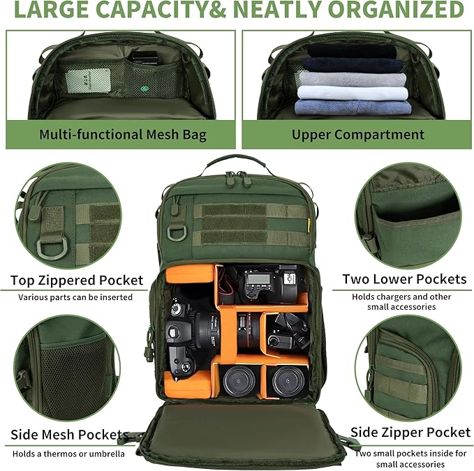 TORIBIO Camera Backpack for DSLR/SLR/Mirrorless Photography Camera, Waterproof Tactical Camera Travel Bag Backpack Case with 15.6" Laptop Compartment, Rain Cover & Tripod Holder