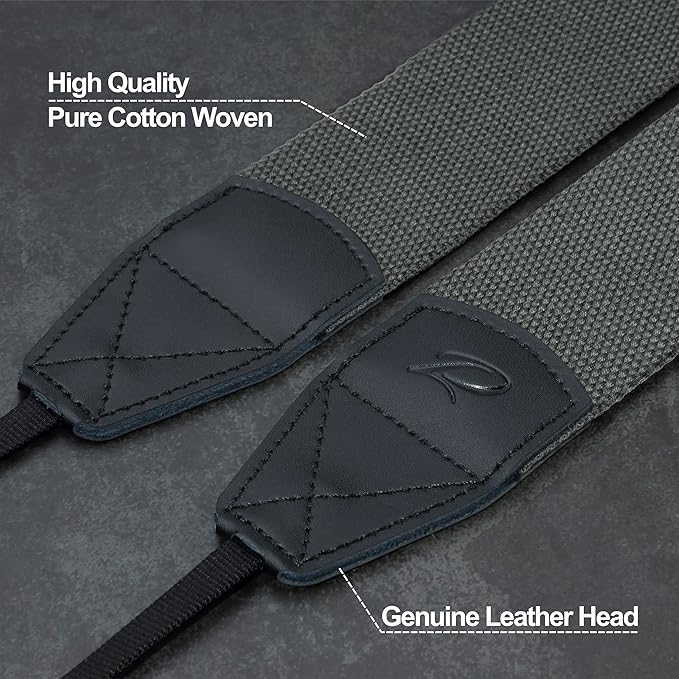 Padwa Lifestyle Grey Camera Strap - 2" Wide Genuine Leather Ends Camera Straps for Photographers, Vintage Cotton Woven Strap with Camera Quick Release Clips fits All Cameras and Binoculars
