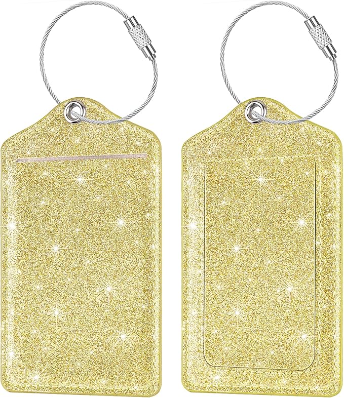 (Set of 2) Luggage Tag Leather Privacy Cover ID Label Address Card with Stainless Steel Loop, Travel Bag Tags Suitcase Labels, Glitter Gold