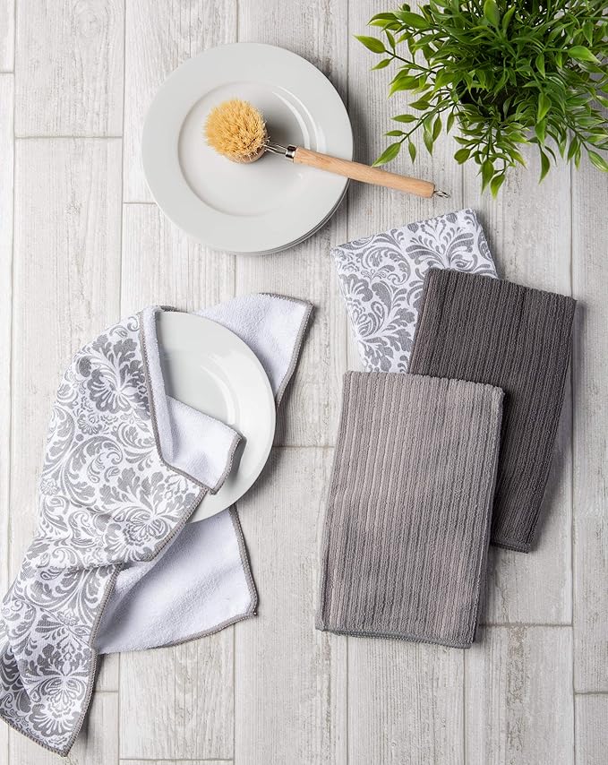 DII Cleaning Collection Multi-Purpose Microfiber, Gray Damask, Dishtowel Set