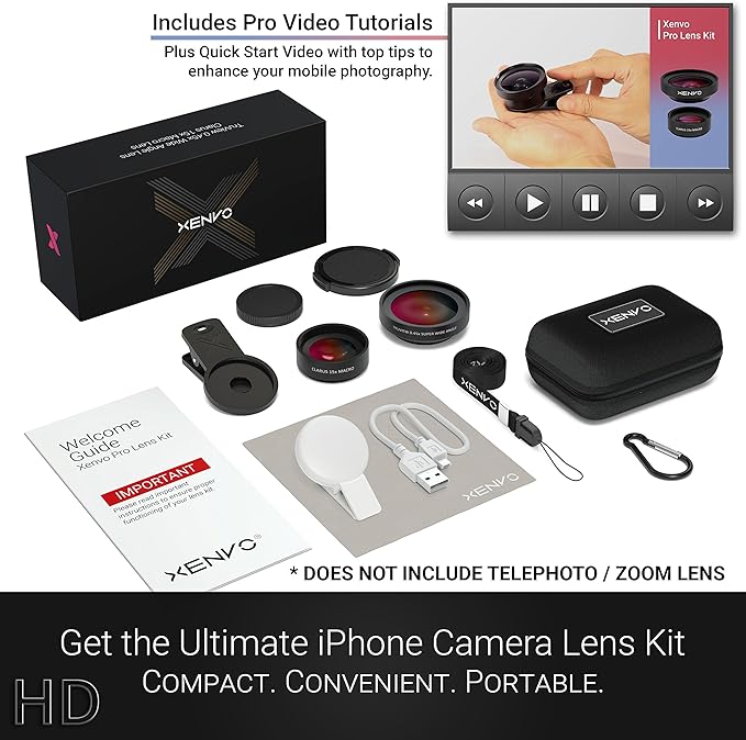 Pro Lens Kit for iPhone and Android, Macro and Wide Angle Lens with LED Light and Travel Case Black