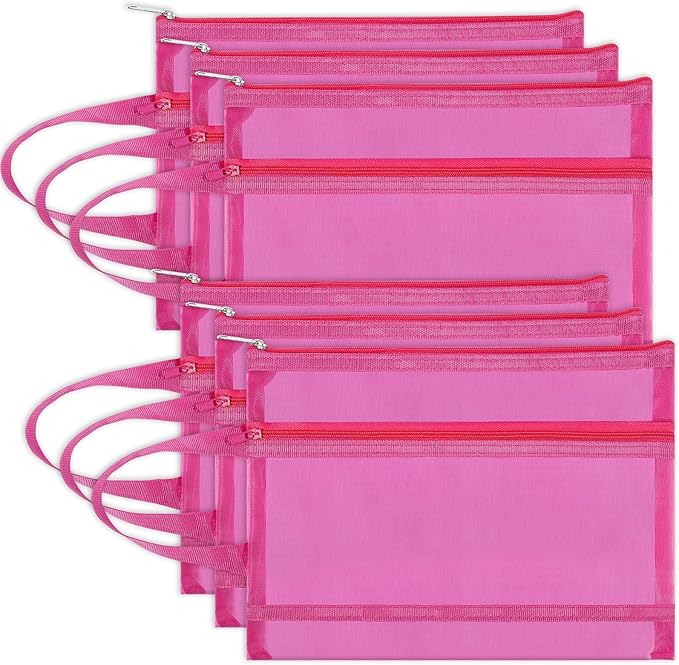 Fassave 6 Pack Mesh Zipper Pouch Bags, Double Layer Nylon Pouch with Handle for Office Travel Organization (Hot Pink, A4)