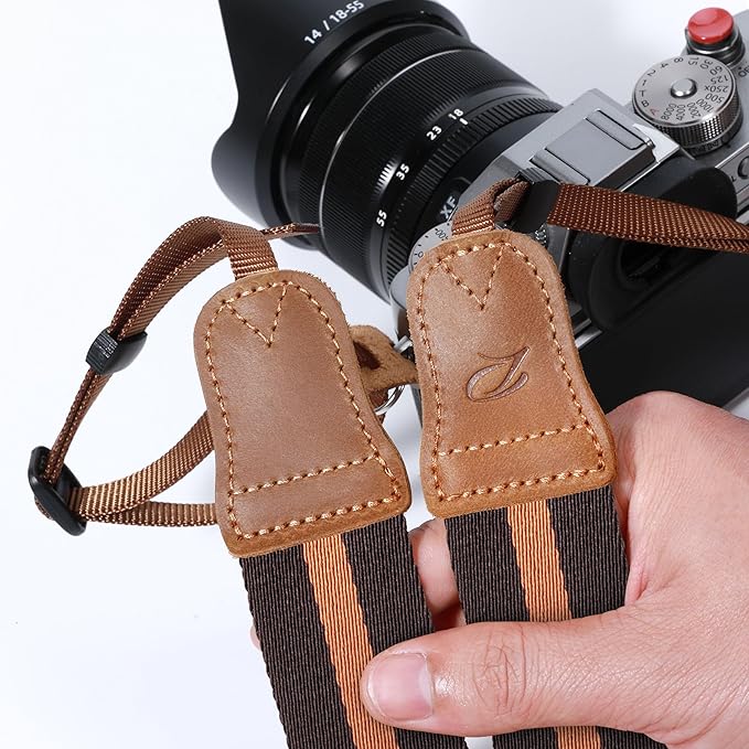 Padwa Lifestyle Brown Yellow Striped Camera Strap - 1.5" Double Crazy Horse Cowhide Head Cotton Camera Straps,Adjustable Neck Shoulder Universal Woven Straps for DSLR Cameras and Photographers Gift
