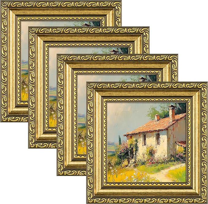 eletecpro 4x4 Picture Frames Set of 4, Ornate Frames with Glass Cover, Vintage Gold Photo Frame Displays 4x4 Photo for Tabletop, Gold