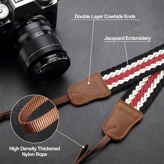 Padwa Lifestyle Stripes Camera Strap - 1.5" Crazy Horse Cowhide Head Soft Cotton Rope Weave Camera Straps for Photographers and All Cameras,Cute Adjustable Vintage Woven Strap for Adults & Kids