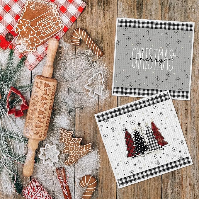 Artoid Mode Black Xmas Tree Snowman Merry Christmas Kitchen Dish Cloths, 12x12 Inch Quick Dry Microfiber Dishcloths for Kitchen Dish Rags Set of 4