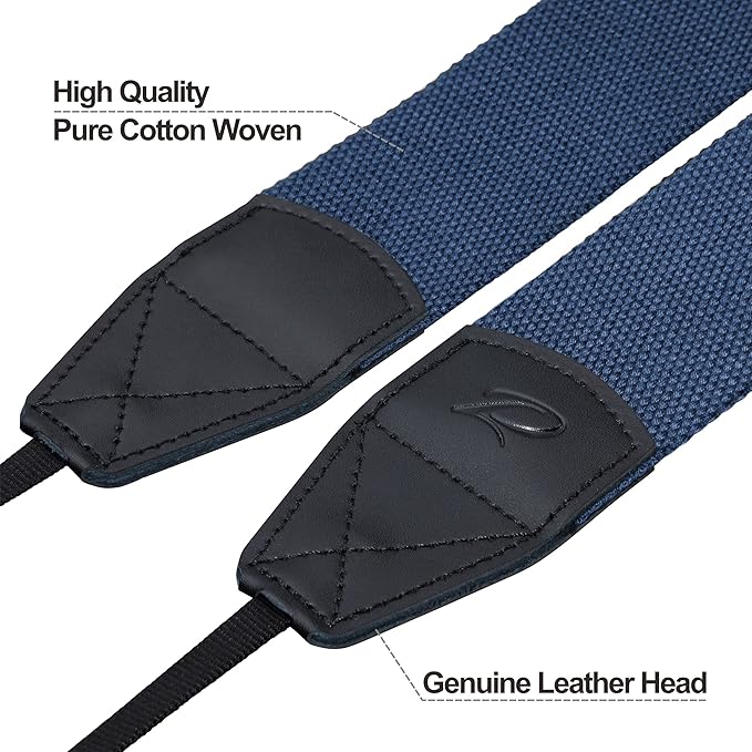 Padwa Lifestyle Blue Camera Strap - 2" Wide Genuine Leather Ends Camera Straps for Photographers, Vintage Cotton Woven Strap with Camera Quick Release Clips fits All Cameras and Binoculars