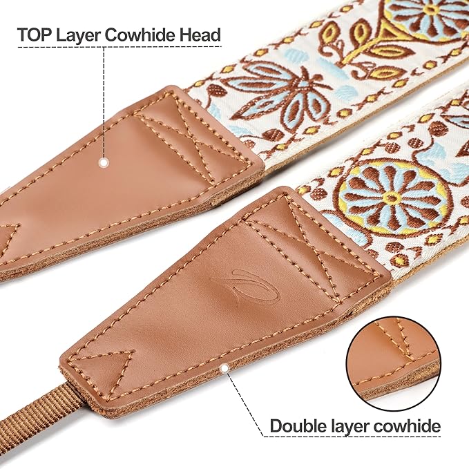 Padwa Lifestyle Camera Strap - 2" Full Grain Leather Ends Camera Straps for Photographers, Vintage Embroidered Cotton Weave Soft Suede Fabric Padded Strap Quick Release fits All Cameras