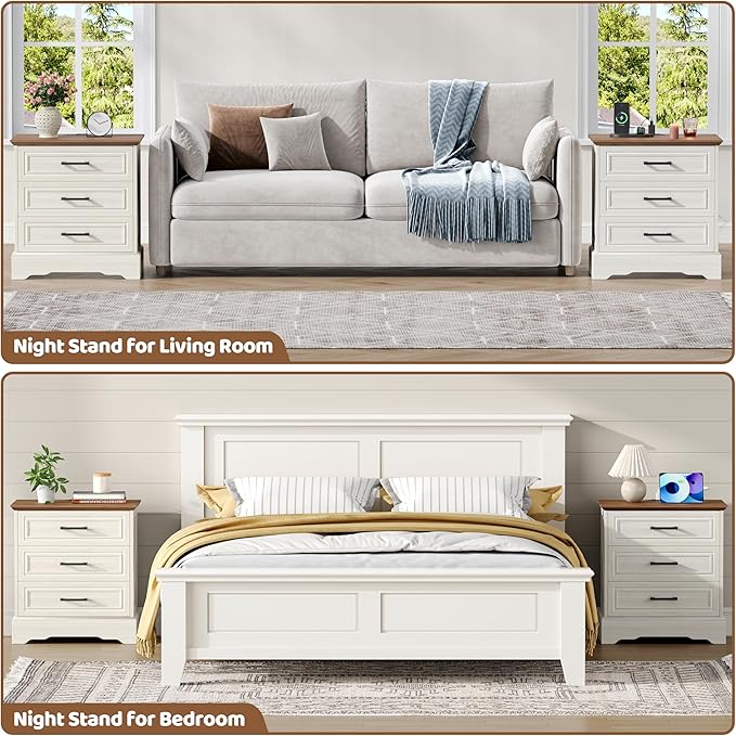 Farmhouse Nightstand with Charging Station, 22" Wide Bedside Table with 3 Large Drawers & Bar Handles, Side End Table with Stable Support Base, for Bedroom, Off White