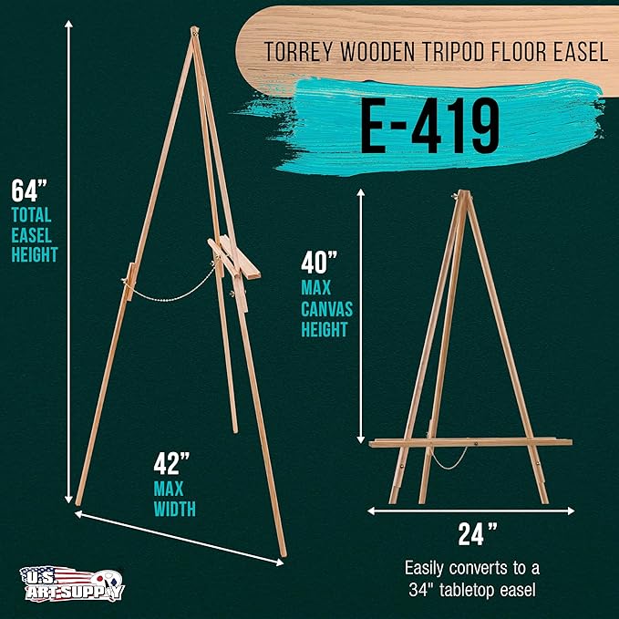 U.S. Art Supply 64" Wooden Easel Stand - Adjustable A-Frame Tripod for Painting, Drawing, Photos & Signs - Lightweight Easels, Wood Easel Stand for Sign Wedding Display 40" Canvas Capacity