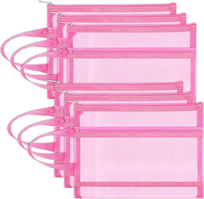 Fassave 6 Pack Mesh Zipper Pouch Bags, Double Layer Nylon Pouch with Handle for Office Travel Organization (Pink, A4)