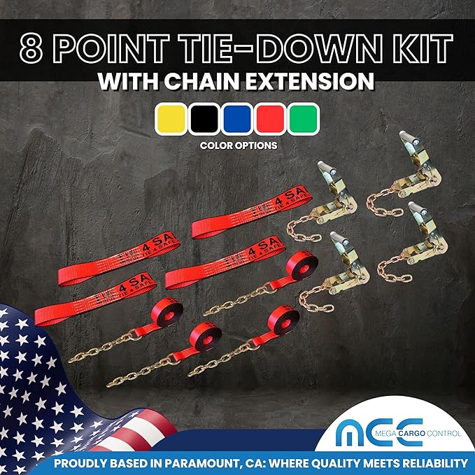 Mega Cargo Control 8 Point Vehicle Tie Down Kit with Ratchet Chain Extensions on Both Ends, Car Hauler Carrier Tow Truck - Set of 4 - Red