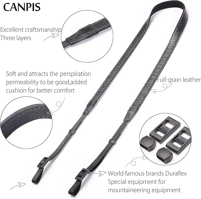 CANPIS CP008 Leather Camera Shoulder Neck Strap compatible with Canon Nikon Leica Fuji Sony Olympus etc. Black Color, Adjustable Length, Slim with Flocking Comfortable Pad