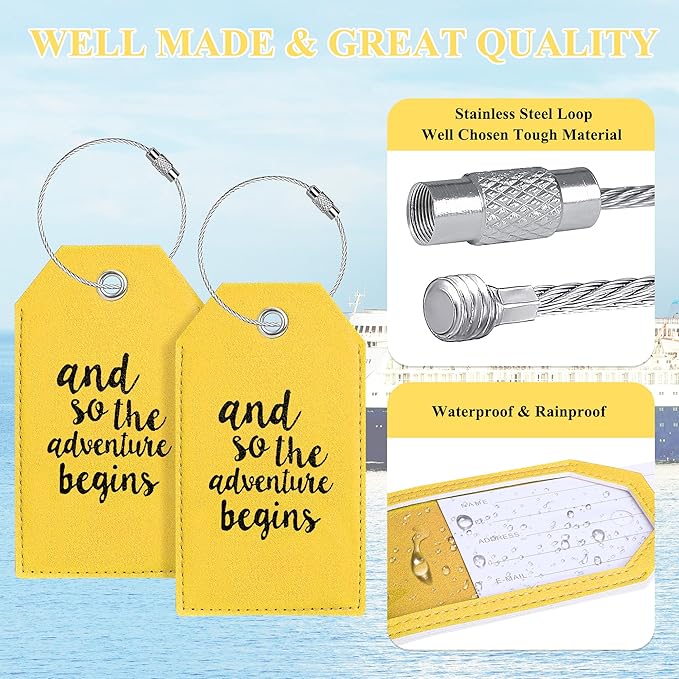 Luggage Tag & Initial Baggage Tags for Suitcases Leather Bag Tags for Backpacks Handbag School Instrument with Name ID Label Travel Essentials, Unique Fun Yellow Personalized Luggage Tags 2 Pack