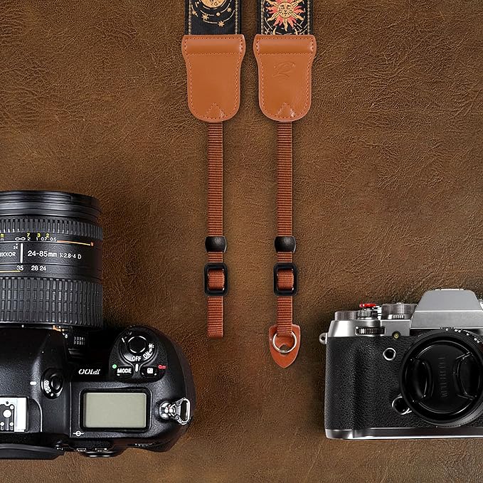 Padwa Lifestyle Helios Moon God Camera Strap -2" Double Layer Cowhide Ends Camera Straps for Photographers, Vintage Embroidered Cotton Weave Soft Padded Strap Adjustable fits All Cameras