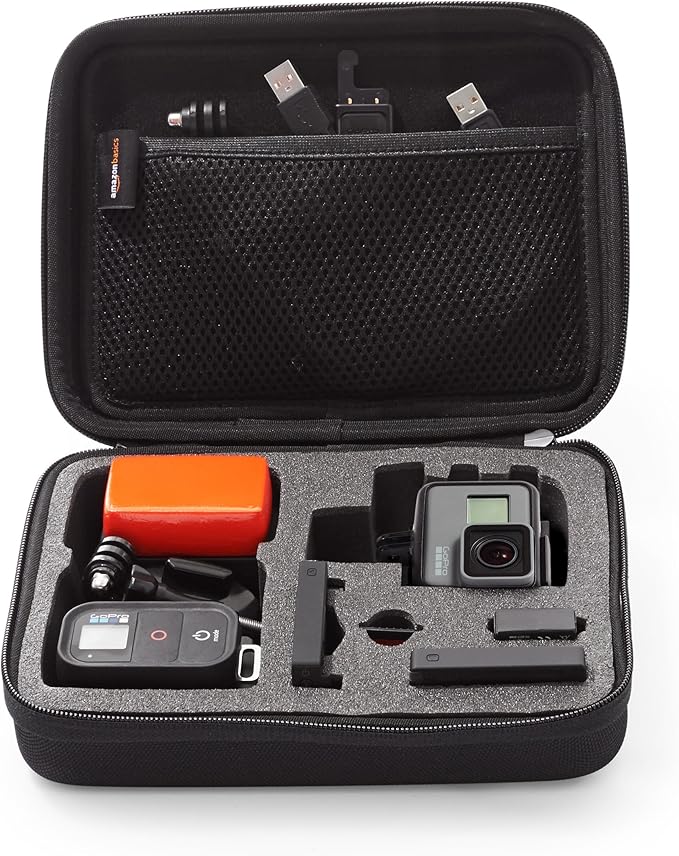 Amazon Basics Small Portable Protective Carrying Case for GoPro and Action Camera, Padded with Secure Handle, 9 x 7 x 2.5 inches, Black