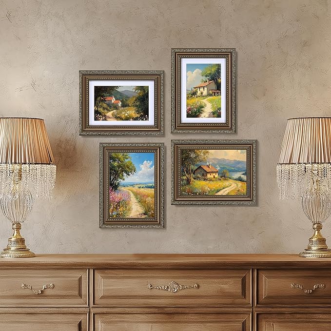 eletecpro 8x10 Picture Frames Set of 4, Vintage Frame with Glass Cover, Photo Frames 8 x 10 Display 5x7 Photo with Mat or 8x10 without Mat for Tabletop or Wall Decor, Bronze