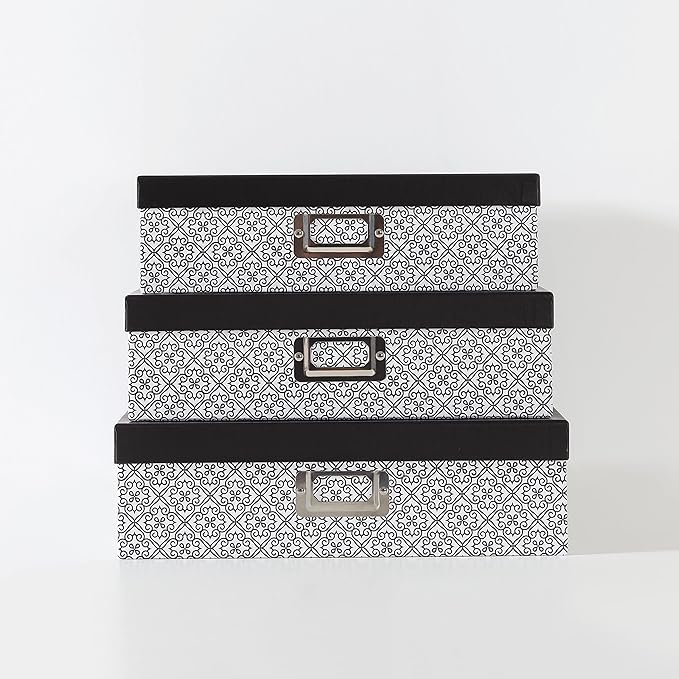 SLPR Black and White Decorative Cardboard Boxes with Lids, Set of 3 Nesting Paperboard Scrapbook Storage, Memory Boxes for Keepsakes, Photos, Letter Papers, Documents