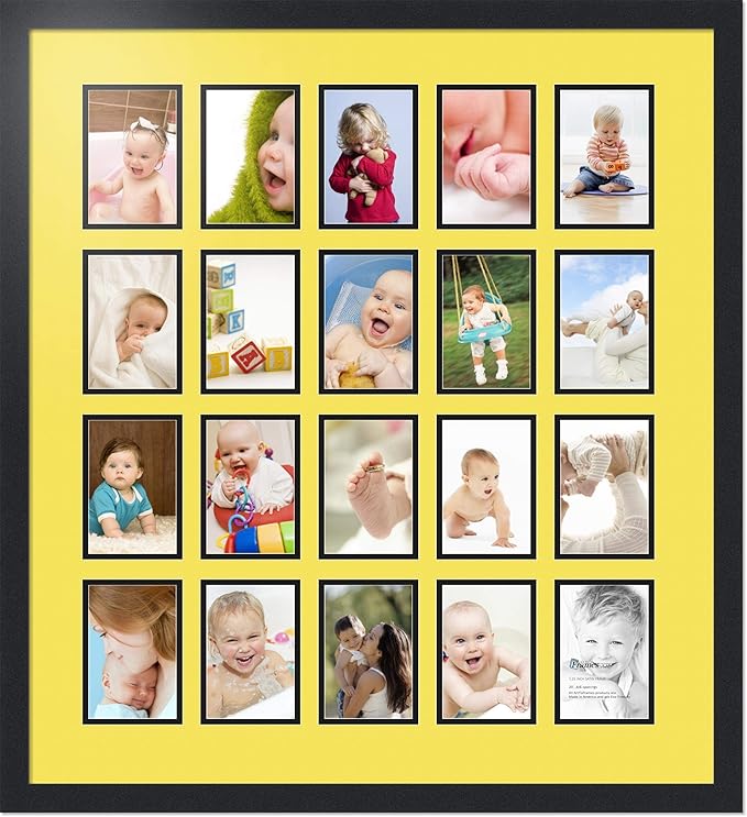 ArtToFrames Collage Photo Frame Double Mat with 20-4x6 Openings with Satin Black Frame and Canary mat.