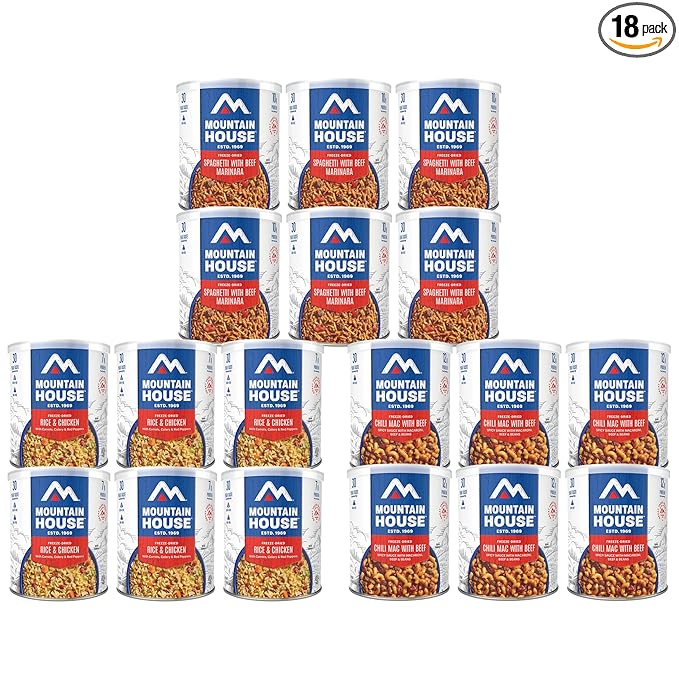 Mountain House 126-Serving Survival & Emergency Food Supply – 18 Cans of Freeze-Dried Lunch & Entree Meals Including Rice & Chicken, Chili Mac with Beef, Spaghetti with Meat Sauce – Fully Cooked, Ready-to-Eat High-Protein Emergency Food – 30-Year Taste...