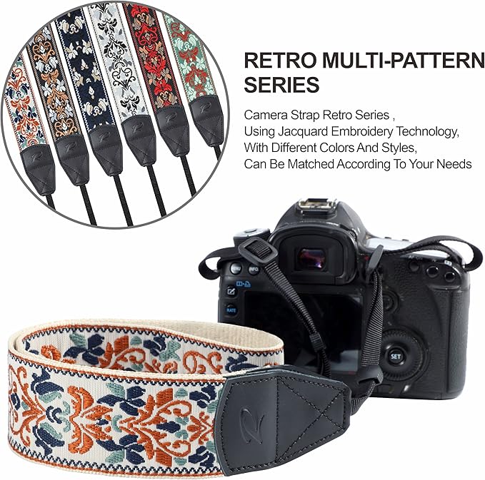 Padwa Lifestyle 2" Retro Jacquard Embroidery Camera Strap, Adjustable, Wide DSLR/SLR Camera Neck/Shoulder Strap with Genuine Leather Head (White Classic Flower)