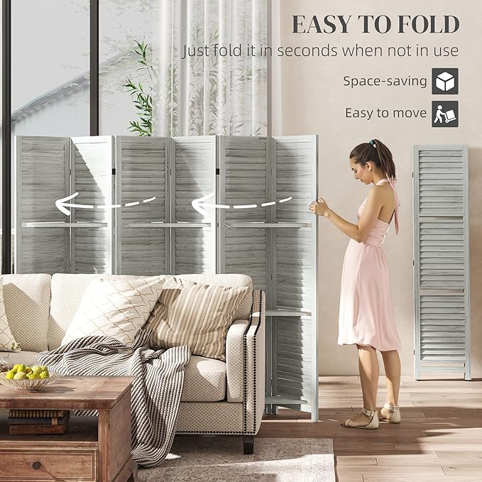 HOMCOM Room Divider, 6 Panel 67" Tall Wood Privacy Screen with 3 Display Shelves, and Folding Storage for Bedroom or Home Office, Distressed White