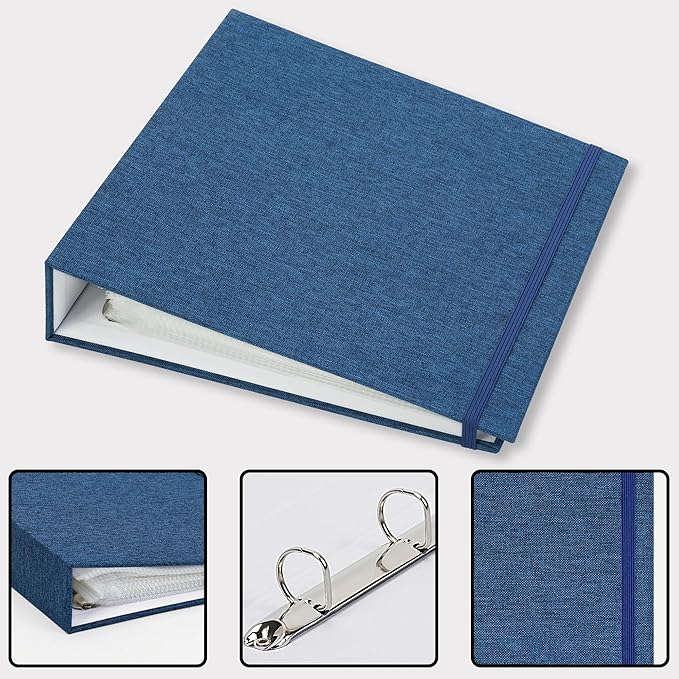 Archival photo album binder in blue fabric with elastic closure and metal rings, main and detail views
