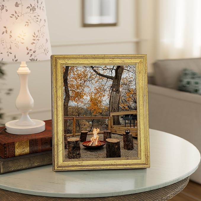 Vittanly 8.5x11 Picture Frame Set of 4, Vintage Photo Frame for Wall Mount, Display 6x8 Pictures with Mat or 8.5x11 without Mat, Rustic Farmhouse Home Decor, Gold