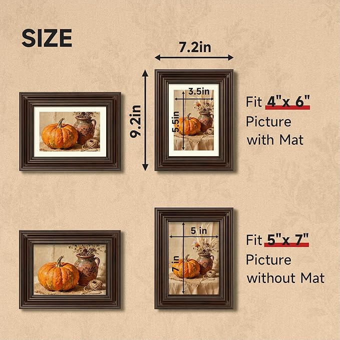 5x7 Picture Frame, 2 Pack Ornate Vintage 5 x 7 Photo Frame with Real Glass, 5 by 7 Poster Frames for Wall or Tabletop, Display Poster Frame 4x6 with Mat or 5x7 without Mat for Antique Déco, Brown