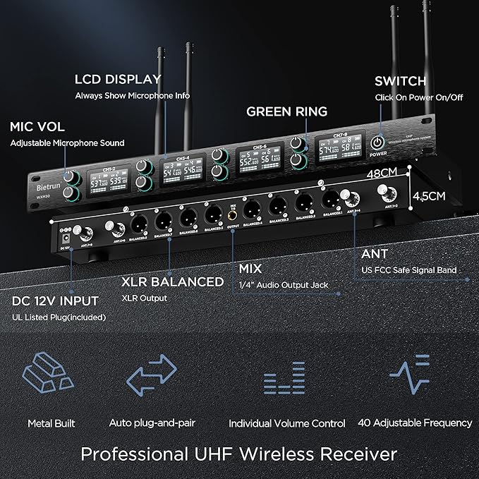 Bietrun 8-Channel Wireless Microphone System with 8 Rechargeable Mics Wireless, UHF 295ft Range, Professional Metal Cordless Dynamic Vocals Mics for Adults,Karaoke Party,Singing,Church,(Auto Connect)