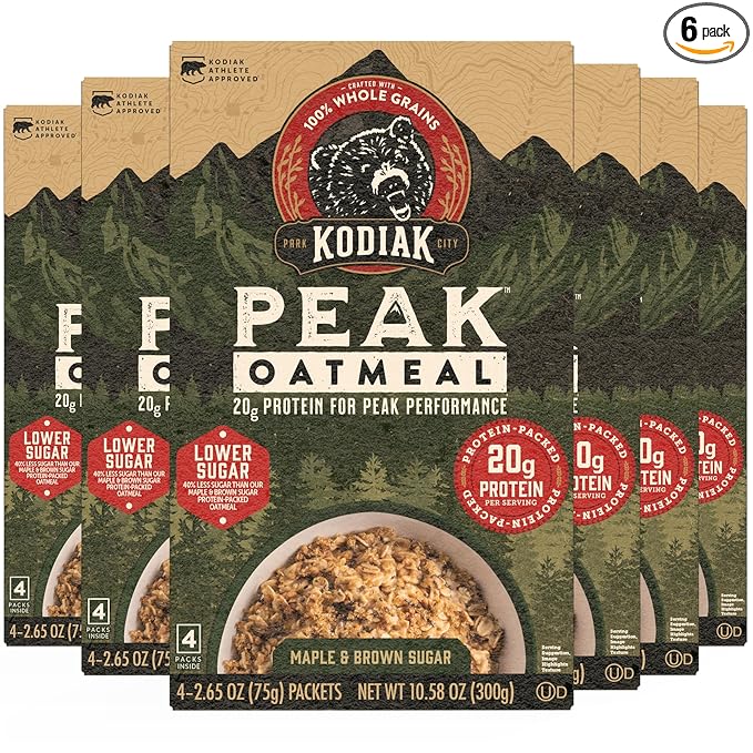 Kodiak Cakes Peak Instant Oatmeal Packets, Maple Brown Sugar, High Protein,100% Whole Grains, 6 box with 4 packets each (Total of 24 packets)